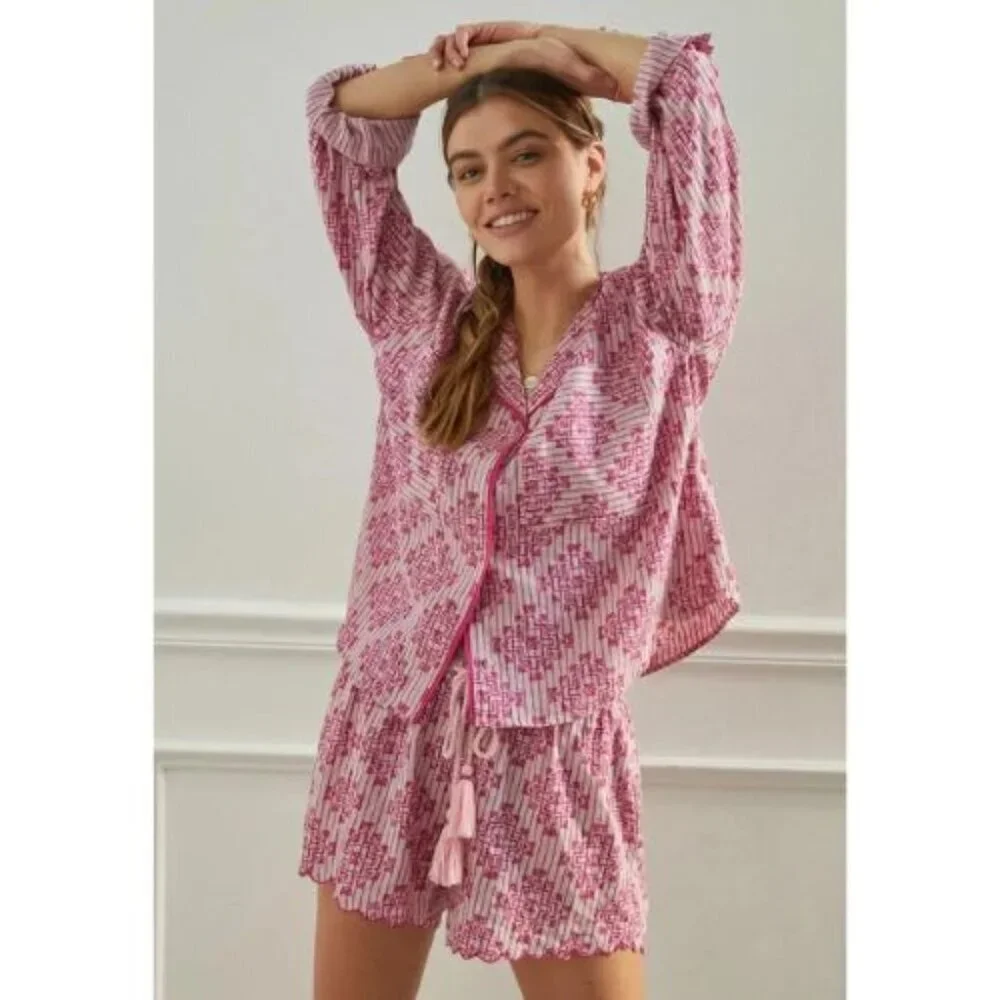Anthropologie Ella Scalloped Blouse Pajama Top and Pants Set Size Small 51732